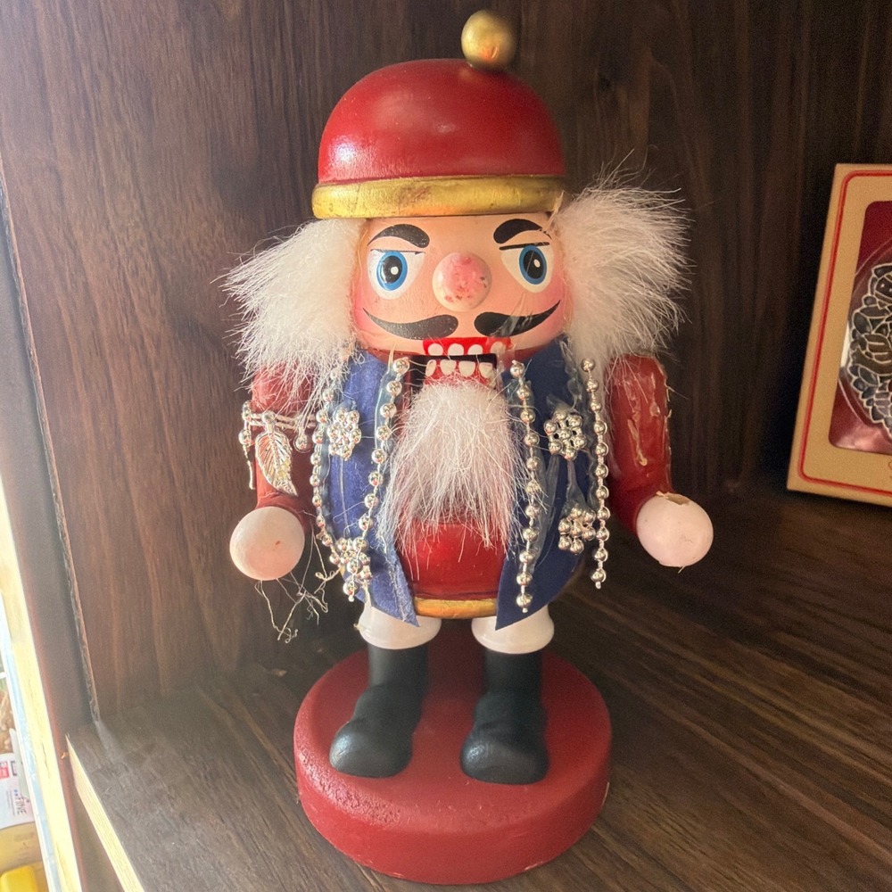 Vintage Style Wooden Nutcracker Christmas Decor Red Blue Silver Beads 10 inch